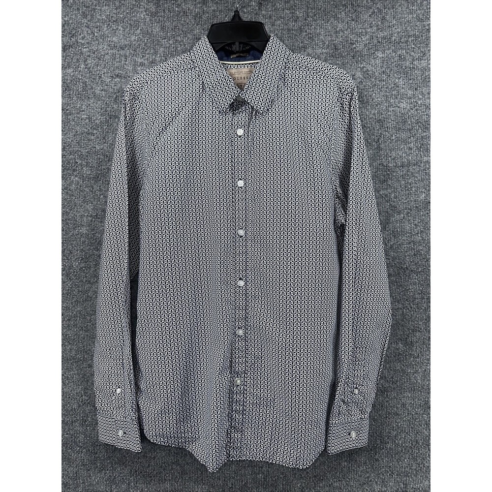 GUESS Button Down Shirt Mens Size Medium‎ Slim Fit Long Sleeve Blue White Logo